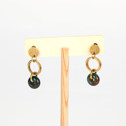 Gold Circle & Green Indian Agate Earrings
