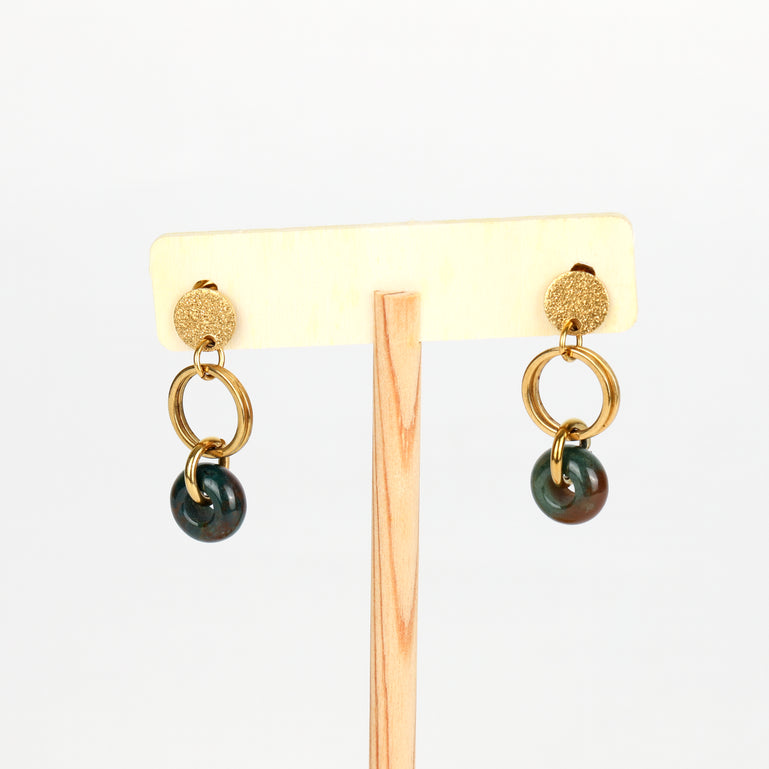 Gold Circle & Green Indian Agate Earrings