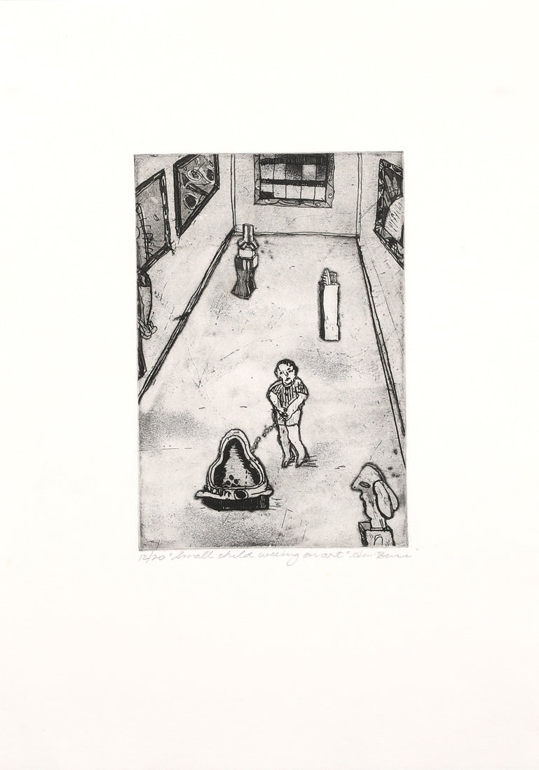 Small child weeing on art