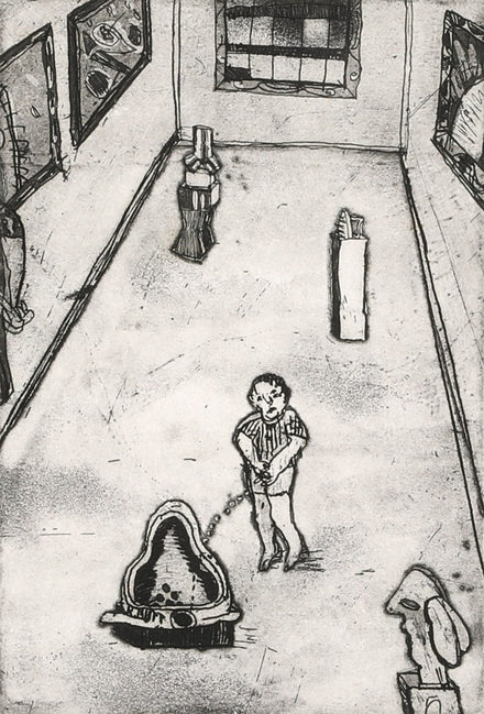 Small child weeing on art