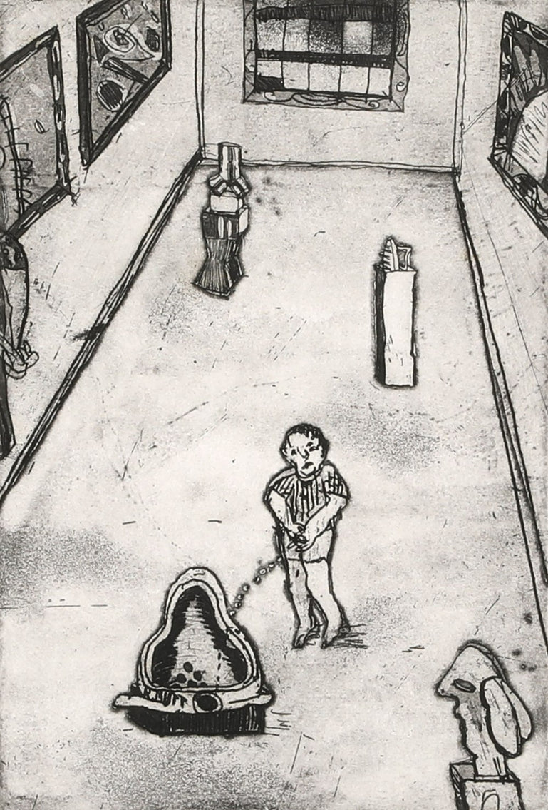 Small child weeing on art