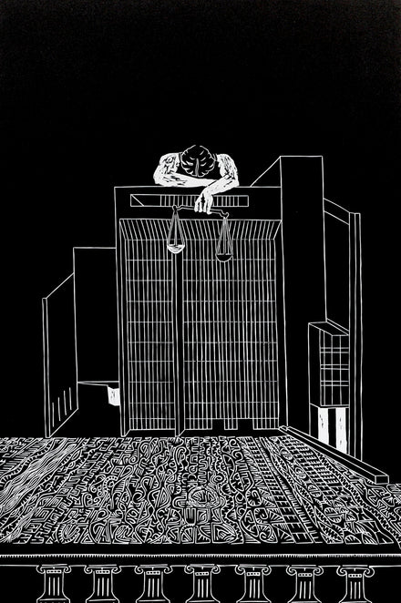 Lady Justice Mourning Her House