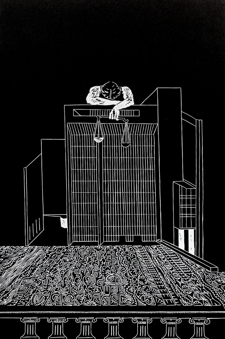 Lady Justice Mourning Her House